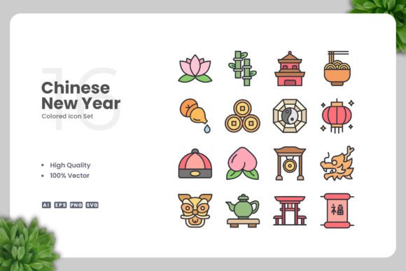 Chinese New Year Colored Icons for Modern Design Needs