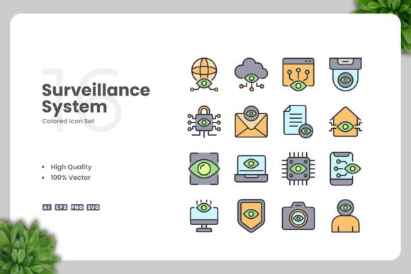Surveillance System Colored Icons for Modern Design Needs